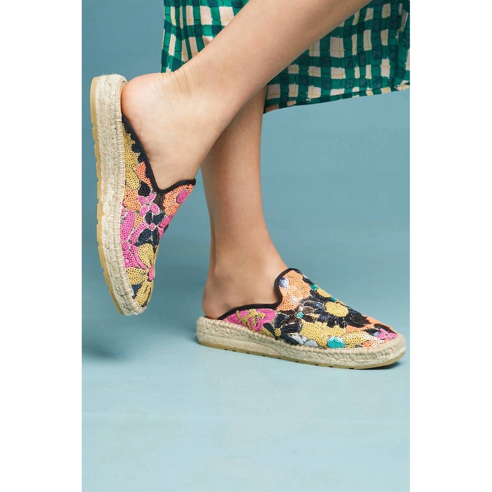 Anthropologie Maya Floral Sequin Espadrille Slides 38 Sequence Made in‎ Spain